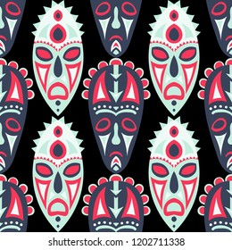 Seamless Background. Abstract Seamless Background with Ritual Masks for Textile or Paper. Ethnic Seamless Background with Color Trible Ritual Masks for your Design. Vector Texture.