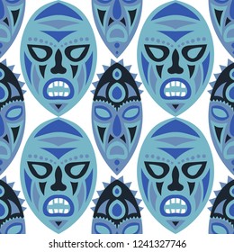 Seamless Background. Abstract Seamless Background with Ritual Masks for Card or Poster. Ethnic Seamless Pattern with Color Tribal Shamanic Masks for your Design. Vector Texture.