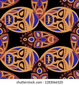Seamless Background. Abstract Seamless Background with Ritual Masks for Textile or Paper. Ethnic Seamless Pattern with Color Trible Shamanic Masks for your Design. Vector Texture.