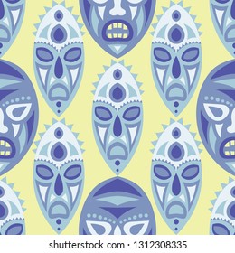 Seamless Background. Abstract Seamless Background with Ritual Masks for Poster or Banner. Ethnic Seamless Pattern with Color Trible Shamanic Masks for your Design. Vector Texture.