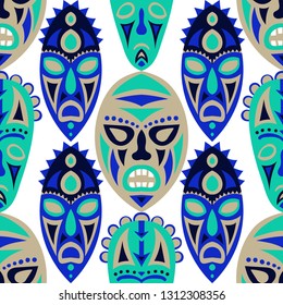 Seamless Background. Abstract Seamless Background with Ritual Masks for Card or Poster. Ethnic Seamless Background with Color Trible Ritual Masks for your Design. Vector Texture.