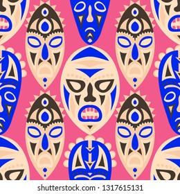Seamless Background. Abstract Seamless Background with Ritual Masks for Card or Poster. Ethnic Seamless Background with Color Trible Ritual Masks for your Design. Vector Texture.
