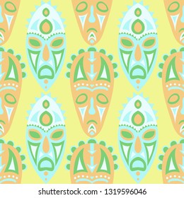 Seamless Background. Abstract Seamless Background with Ritual Masks for Print or Card. Ethnic Seamless Pattern with Color Trible Shamanic Masks for your Design. Vector Texture.