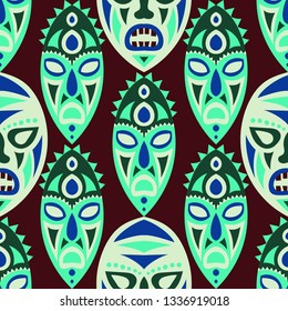 Seamless Background. Abstract Seamless Background with Ritual Masks for Card or Poster. Ethnic Seamless Background with Color Trible Ritual Masks for your Design. Vector Texture.