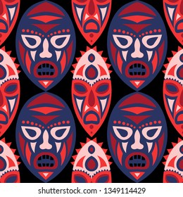 Seamless Background. Abstract Seamless Background with Ritual Masks for Textile or Paper. Ethnic Seamless Pattern with Color Trible Shamanic Masks for your Design. Vector Texture.