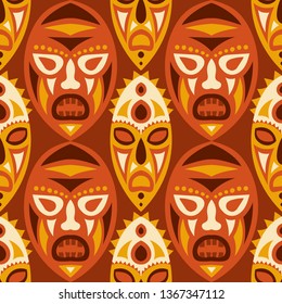 Seamless Background. Abstract Seamless Background with Ritual Masks for Print or Card. Ethnic Seamless Background with Color Trible Ritual Masks for your Design. Vector Texture.
