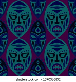 Seamless Background. Abstract Seamless Background with Ritual Masks for Textile or Paper. Ethnic Seamless Background with Color Trible Ritual Masks for your Design. Vector Texture.