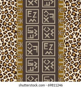 Seamless background with abstract signs and leopard skin pattern