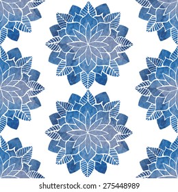Seamless background with abstract silhouettes of flowers. Vector pattern with hand-drawn watercolor blue flowers on a white background. Oriental indian, chinese pattern. Round lace flower patterns