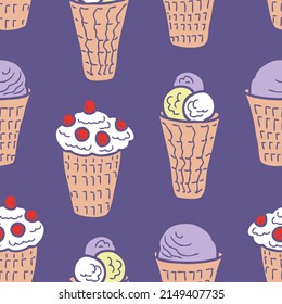 Seamless background of abstract waffle cups with ice cream and berries