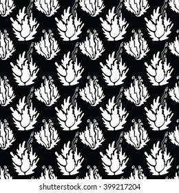 seamless background with abstract white flowers and leaves on a black background. vector illustration