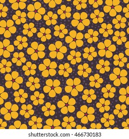 Seamless background with abstract yellow flowers on brown spotty backdrop