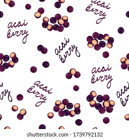 Seamless background of acai berries. Acai berries and branches, acai juice and acai powder. Superfood. Cartoon style pattern. Food background.
