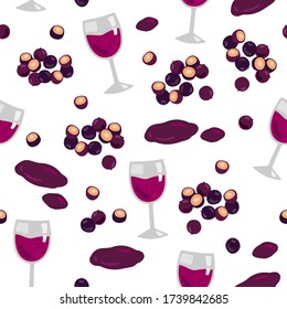 Seamless background of acai berries. Acai berries and branches, acai juice. Superfood. Cartoon style pattern. Food background.