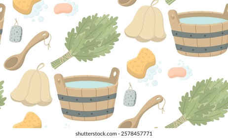 Seamless background with accessories for sauna. Cute pattern bath and wash elements