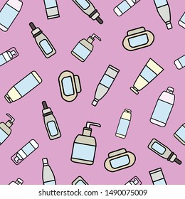 Seamless background, accessories for showering and hygiene. Soap, shampoo, gel, essence, rinse aid, balm, mask, scrub, body cream. Jars and containers.