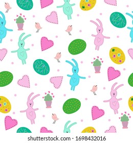 Seamless background with adorable bunnies, Easter eggs and birds. Endless pattern for your holiday design. Perfect for fabric, Wallpaper, paper, textiles, tiles, wrappers and more.