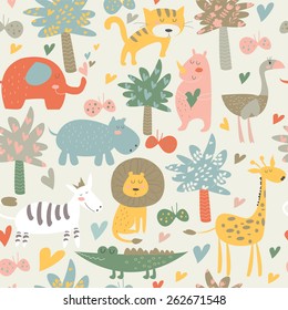 Seamless background with Africa animals. Cute tiger, alligator, lion, elephant, rhino, hippo, ostrich, palms, flowers, butterflies  and zebra in cartoon style.