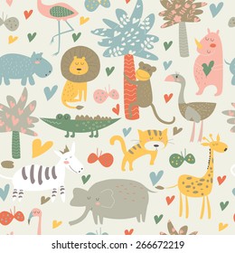 Seamless background with Africa animals. Cute tiger, alligator, lion, elephant, rhino, hippo, ostrich, monkey, flamingo, palms, flowers, butterflies  and zebra in cartoon style.