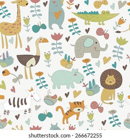 Seamless background with Africa animals. Cute tiger, alligator, lion, elephant, rhino, hippo, ostrich, birds, flowers, butterflies  and zebra in cartoon style.