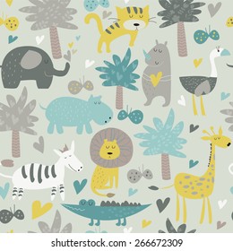 Seamless background with Africa animals. Cute tiger, alligator, lion, elephant, rhino, hippo, ostrich, palms, flowers, butterflies  and zebra in cartoon style.