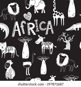 Seamless background with Africa animals. Cute tiger, alligator, lion, elephant, ostrich, baobab, zebra in cartoon style.
