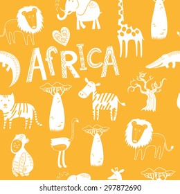 Seamless background with Africa animals. Cute tiger, alligator, lion, elephant, ostrich, baobab, zebra in cartoon style.