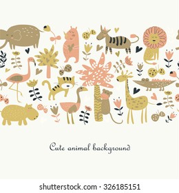 Seamless background with Africa animals. Cute tiger, alligator, lion, elephant, rhino, hippo, ostrich, monkey, flamingo, palms, flowers, butterflies  and zebra in cartoon style.