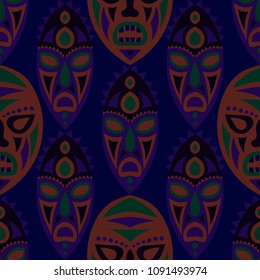 Seamless Background. African Seamless Pattern with Color Masks for Card or Poster. Ethnic Seamless Pattern with Color Trible Shamanic Masks for your Design. Vector Texture.