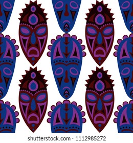 Seamless Background. African Seamless Pattern with Color Masks for Poster or Banner. Ethnic Seamless Background with Color Trible Ritual Masks for your Design. Vector Texture.
