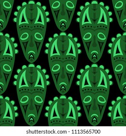 Seamless Background. African Seamless Pattern with Color Masks for Poster or Banner. Ethnic Seamless Background with Color Trible Ritual Masks for your Design. Vector Texture.