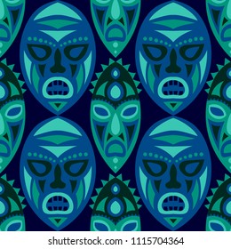 Seamless Background. African Seamless Pattern with Color Masks for Card or Poster. Ethnic Seamless Pattern with Color Trible Shamanic Masks for your Design. Vector Texture.