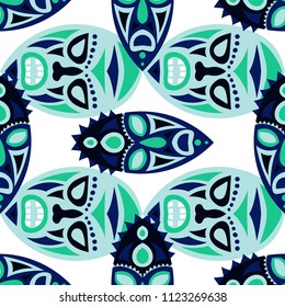 Seamless Background. African Seamless Pattern with Color Masks for Card or Poster. Ethnic Seamless Background with Color Trible Ritual Masks for your Design. Vector Texture.