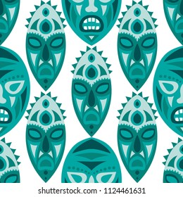 Seamless Background. African Seamless Pattern with Color Masks for Poster or Banner. Ethnic Seamless Pattern with Color Trible Shamanic Masks for your Design. Vector Texture.