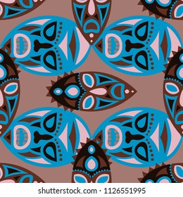 Seamless Background. African Seamless Pattern with Color Masks for Card or Poster. Ethnic Seamless Pattern with Color Trible Shamanic Masks for your Design. Vector Texture.