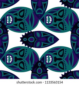 Seamless Background. African Seamless Pattern with Color Masks for Textile or Paper. Ethnic Seamless Background with Color Trible Ritual Masks for your Design. Vector Texture.