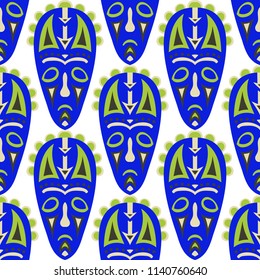Seamless Background. African Seamless Pattern with Color Masks for Print or Card. Ethnic Seamless Pattern with Color Trible Shamanic Masks for your Design. Vector Texture.