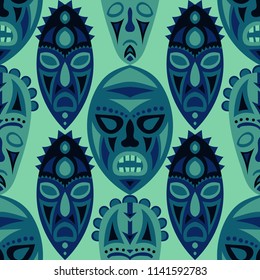 Seamless Background. African Seamless Pattern with Color Masks for Card or Poster. Ethnic Seamless Pattern with Color Trible Shamanic Masks for your Design. Vector Texture.