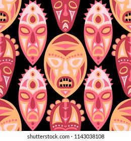 Seamless Background. African Seamless Pattern with Color Masks for Textile or Paper. Ethnic Seamless Pattern with Color Trible Shamanic Masks for your Design. Vector Texture.