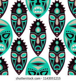 Seamless Background. African Seamless Pattern with Color Masks for Textile or Paper. Ethnic Seamless Pattern with Color Trible Shamanic Masks for your Design. Vector Texture.