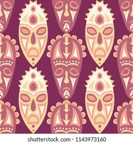 Seamless Background. African Seamless Pattern with Color Masks for Print or Card. Ethnic Seamless Background with Color Trible Ritual Masks for your Design. Vector Texture.