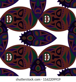Seamless Background. African Seamless Pattern with Color Masks for Print or Card. Ethnic Seamless Background with Color Trible Ritual Masks for your Design. Vector Texture.