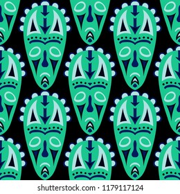Seamless Background. African Seamless Pattern with Color Masks for Print or Card. Ethnic Seamless Background with Color Trible Ritual Masks for your Design. Vector Texture.