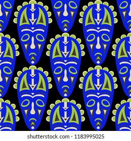 Seamless Background. African Seamless Pattern with Color Masks for Card or Poster. Ethnic Seamless Pattern with Color Trible Shamanic Masks for your Design. Vector Texture.