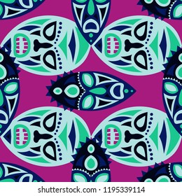 Seamless Background. African Seamless Pattern with Color Masks for Poster or Banner. Ethnic Seamless Pattern with Color Trible Shamanic Masks for your Design. Vector Texture.