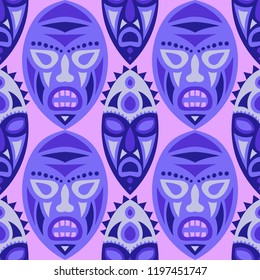 Seamless Background. African Seamless Pattern with Color Masks for Textile or Paper. Ethnic Seamless Background with Color Trible Ritual Masks for your Design. Vector Texture.