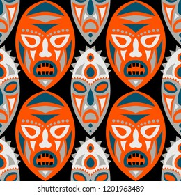 Seamless Background. African Seamless Pattern with Color Masks for Print or Card. Ethnic Seamless Pattern with Color Trible Shamanic Masks for your Design. Vector Texture.