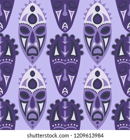 Seamless Background. African Seamless Pattern with Color Masks for Print or Card. Ethnic Seamless Pattern with Color Trible Shamanic Masks for your Design. Vector Texture.