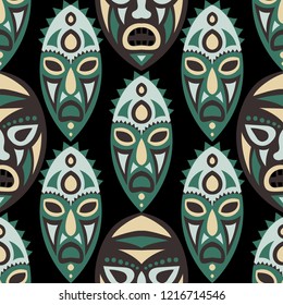 Seamless Background. African Seamless Pattern with Color Masks for Print or Card. Ethnic Seamless Background with Color Trible Ritual Masks for your Design. Vector Texture.