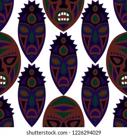 Seamless Background. African Seamless Pattern with Color Masks for Textile or Paper. Ethnic Seamless Background with Color Trible Ritual Masks for your Design. Vector Texture.